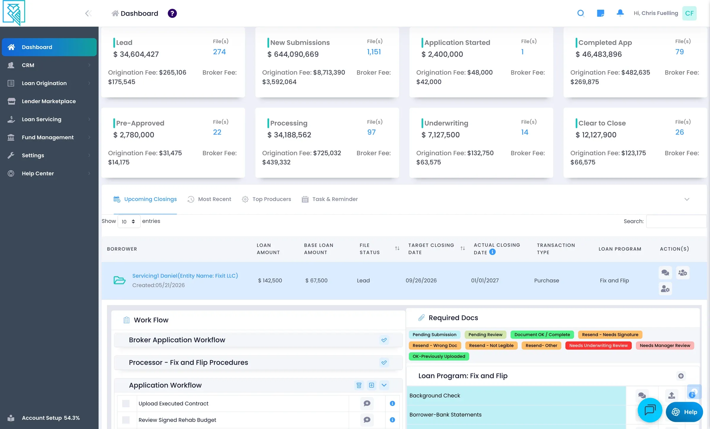 LendingWise dashboard with pipeline totals by stage and upcoming closings