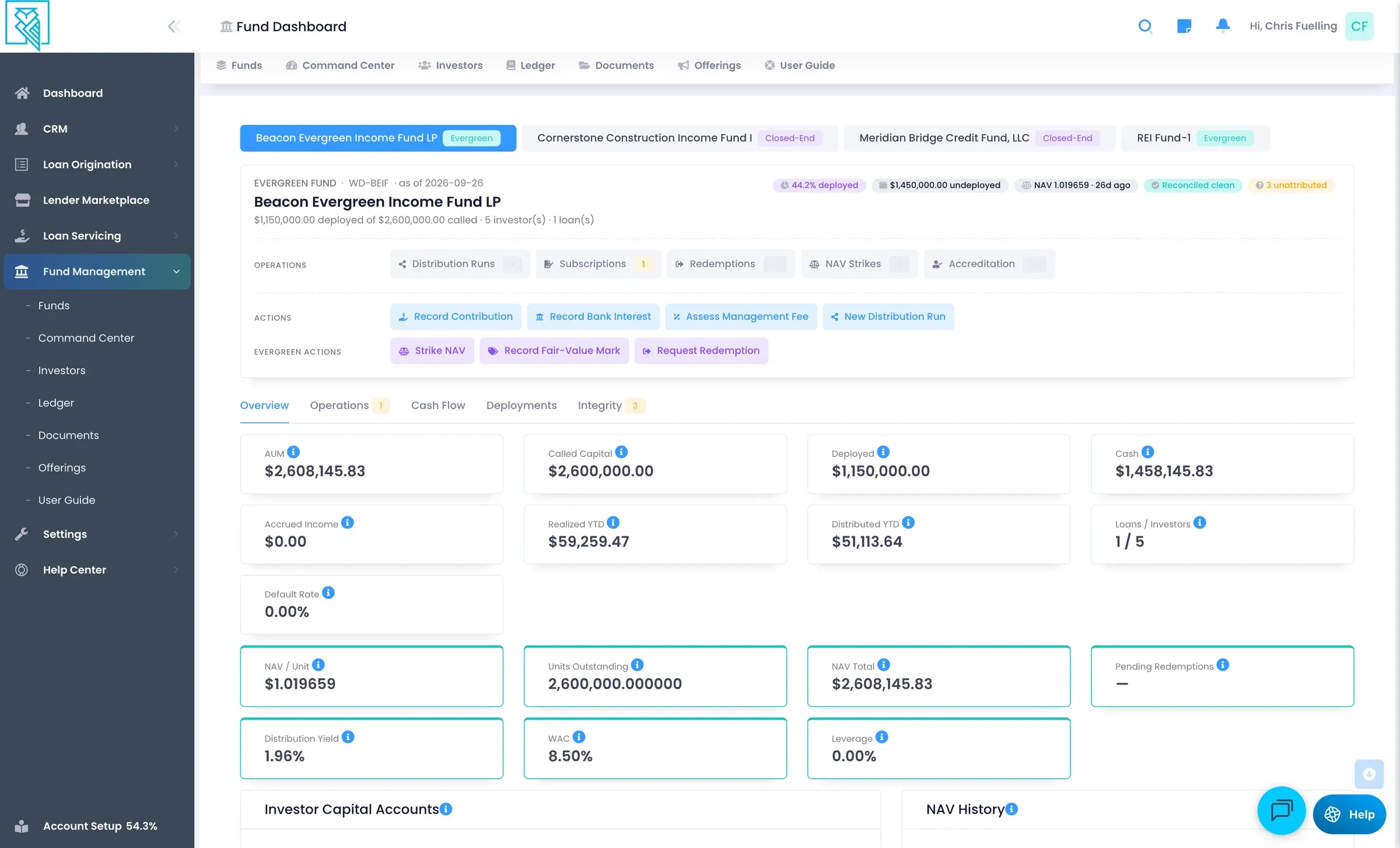 LendingWise fund dashboard with AUM, deployed capital, NAV and investor metrics