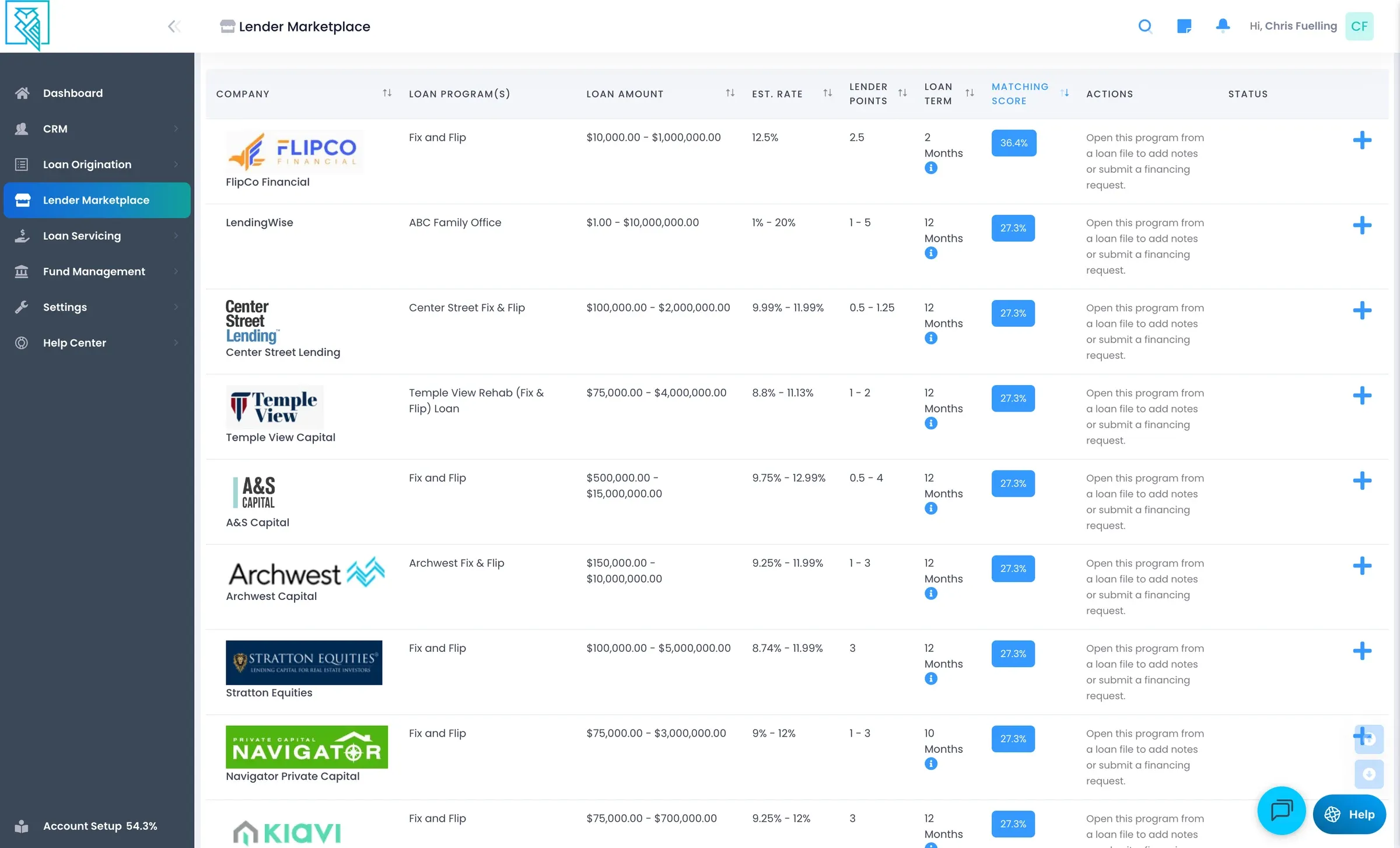 LendingWise lender marketplace listing lenders, loan programs, rates and matching scores