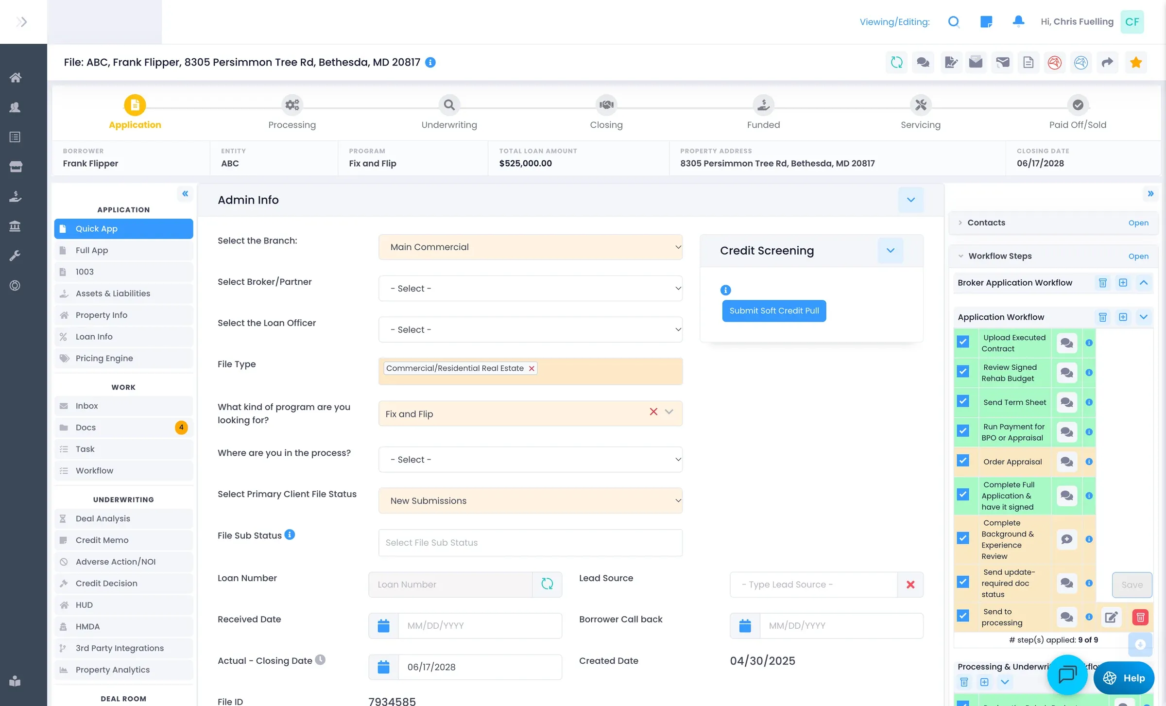 LendingWise loan file with stage tracker, admin info and workflow steps