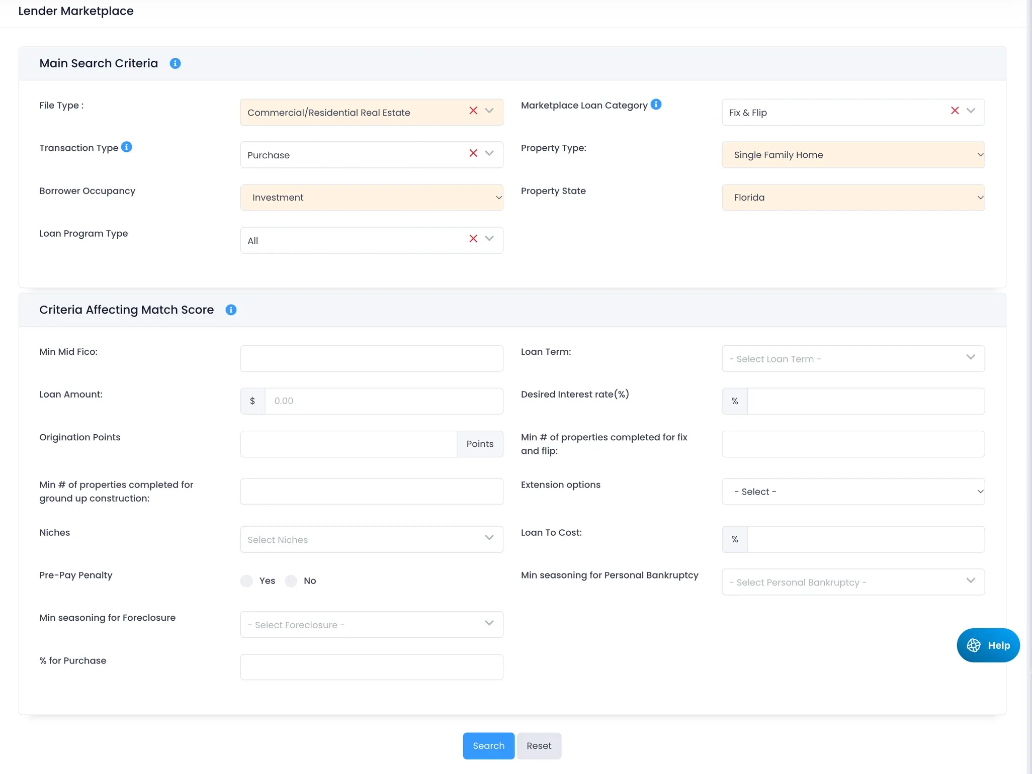 LendingWise Lender Marketplace search form with main search criteria and criteria affecting match score