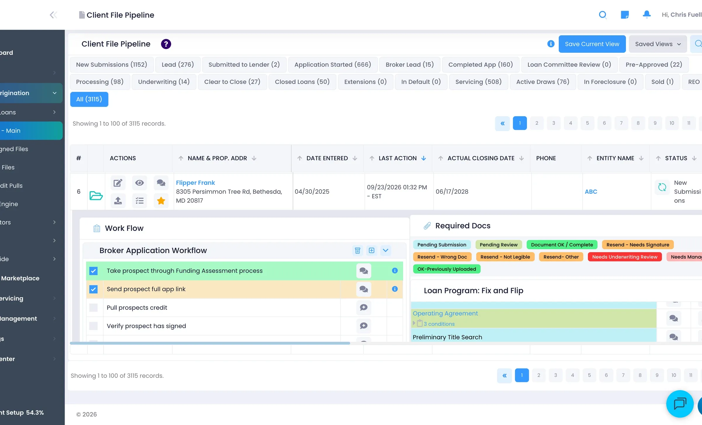 LendingWise client file pipeline with status tabs, workflow and required docs