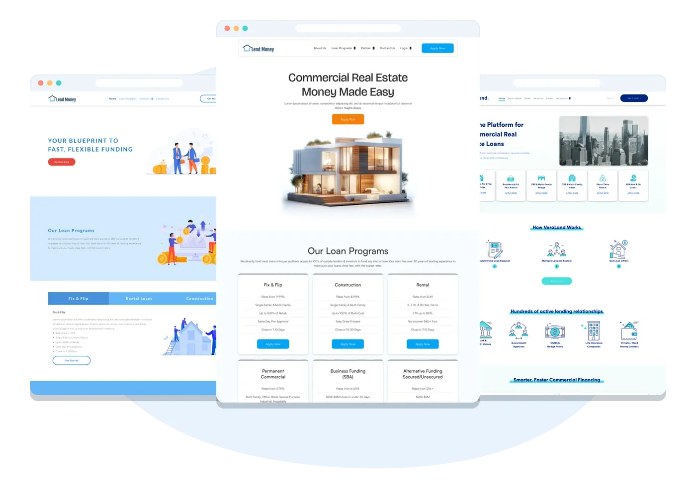 Three LendingWise website templates shown in browser windows